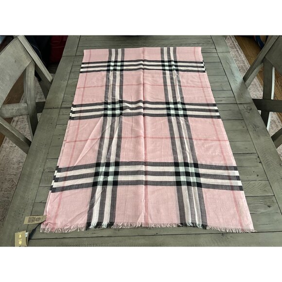 NEW BURBERRY Giant Check Wool Silk Gauze Scarf Ash Rose 220x70cm - Picture 13 of 13